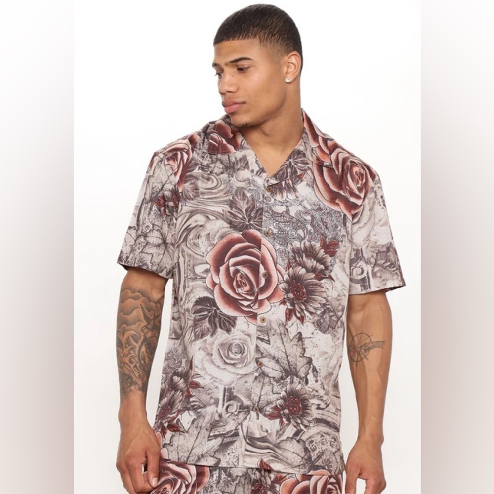 Fashion Nova Brown and Tan Floral Men's Shirt